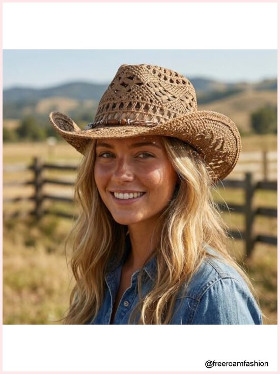 Straw Cowboy Hat with Interchangeable Bands, Wide Brim Woven Sun Hat main image 4